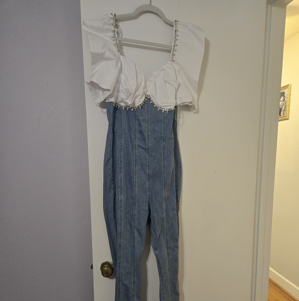 Stylish White and Denim Jumpsuit